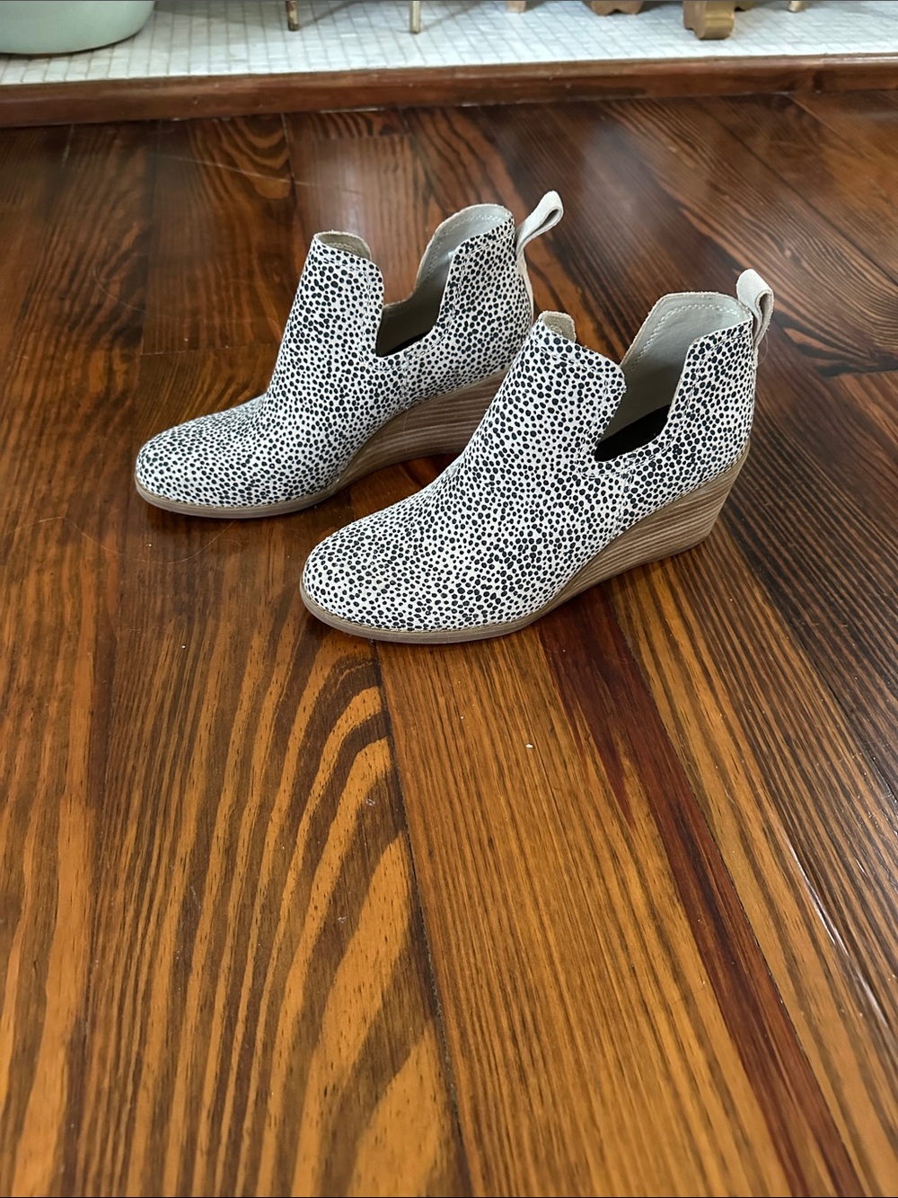 Toms Black and White Dalmatian Print Wedge Booties